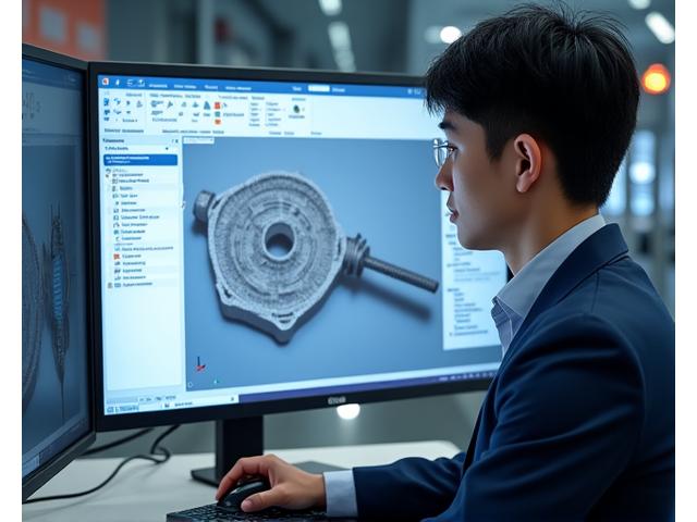 Goun Steel 엔지니어가 3D CAD 소프트웨어를 사용하여 복잡한 금속 부품을 설계하는 모습